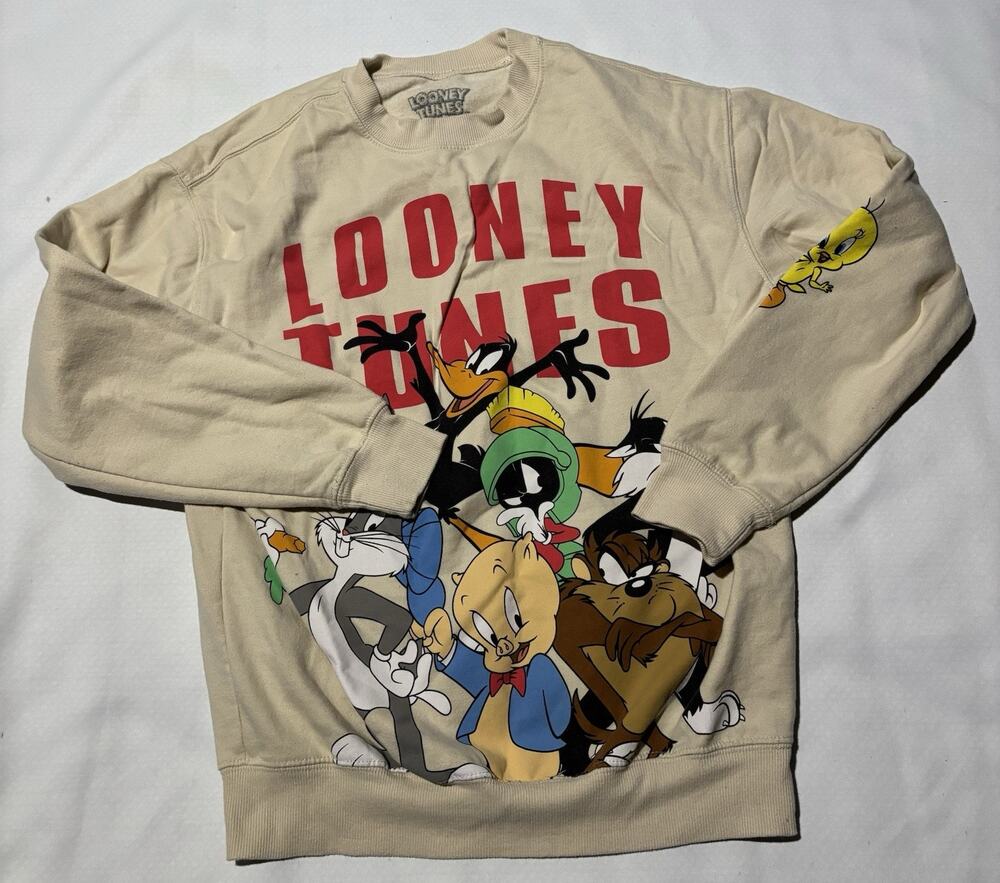 Looney Tunes Sweatshirt Womens XS Beige Graphic Lightweight Crew Neck Pullover
